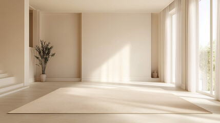 A minimalist living room featuring a single beige rug in the center of the room. The surrounding area is completely empty, emphasizing clean, open floor space and natural light