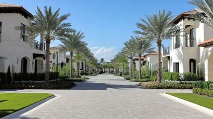 Obraz premium A sunny afternoon stroll through a serene tree-lined residential street in an upscale neighborhood