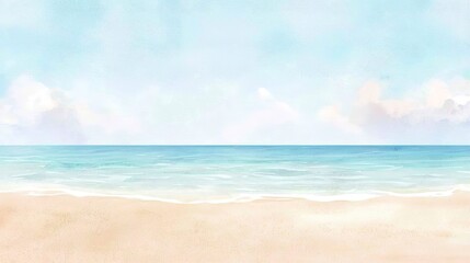 A serene beach scene featuring soft sand and calm turquoise waters under a bright blue sky, evoking a tranquil coastal atmosphere.