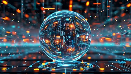 3D dynamic array of transparent spheres filled with glowing circuits, levitating in a cybernetic digital space. Made with generative AI technology