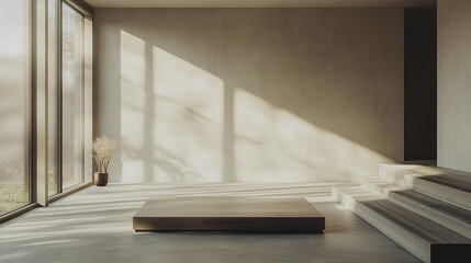 Fototapeta premium A minimalist living room featuring a single low coffee table in the middle of the room. The space is empty except for neutral-toned walls and soft sunlight from floor-to-ceiling windows