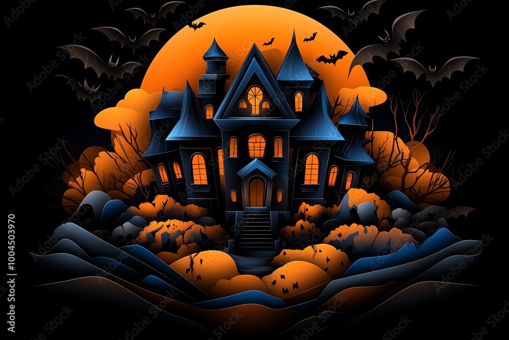 Poster geometric haunted mansion design with sharp, clean lines, set against a simple halloween background 