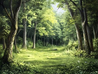 Obraz premium Serene forest glade with a peaceful pastoral setting dense verdant undergrowth and towering trees