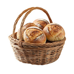 Freshly Baked Bread Rolls in a Wicker Basket.on transparent, white background, isolate PNG