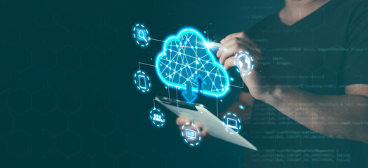 cloud technology.man touch icon cloud computing diagram. data storage.secure backup and consistency networking and internet service concept.implementing storage technology in business