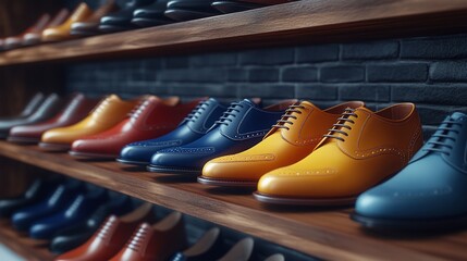 Rows of colorful leather shoes on wooden shelves in a shoe store.