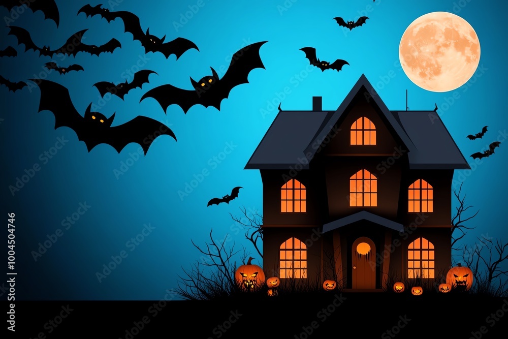 Aufkleber geometric haunted mansion design with sharp, clean lines, set against a simple halloween background 
