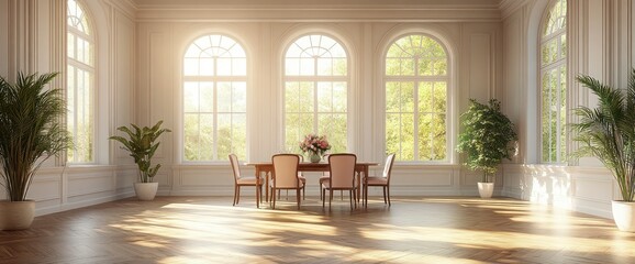 Sunlit Dining Room with Large Windows and Elegant Furniture