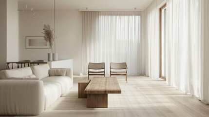 Fototapeta premium Modern Living Room with White Curtains