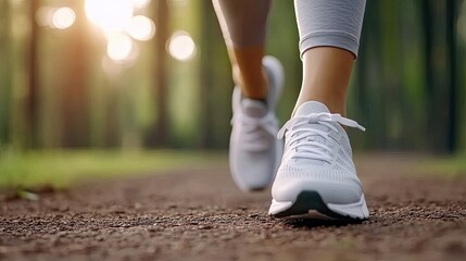 A woman enjoys a fitness walk on a dirt path, showcasing her running shoes. The close-up...