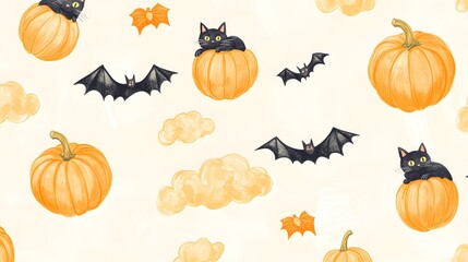 Pumpkins with swirling stems, cats resting on fluffy clouds, and bats flying in playful circles, arranged in pastel orange on a softly brushed cream background