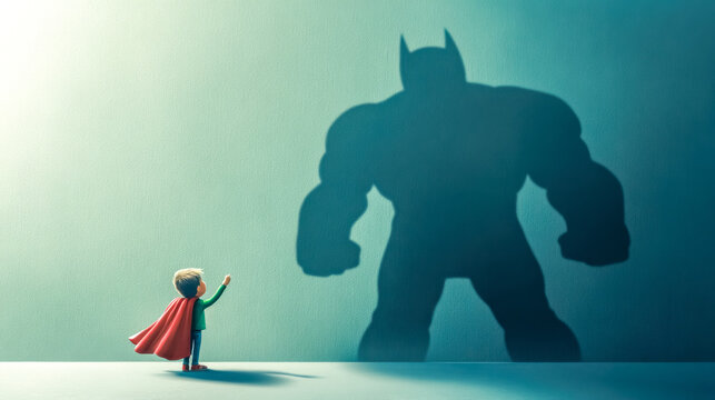 Child superhero casting a superhero shadow on the wall