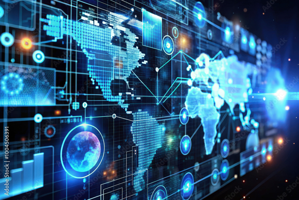 Poster exploring a digital world map filled with glowing connections and data visualizations in a futuristi