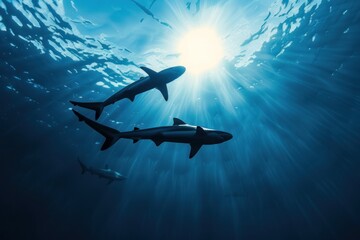 Obraz premium Silhouettes of blue sharks swimming beneath the ocean surface. Ideal for marine conservation campaigns or educational material.