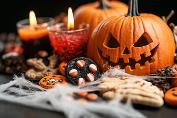 citrouille d'halloween et friandises, gourmandise, décoration halloween automne, bougie cookies et bonbons