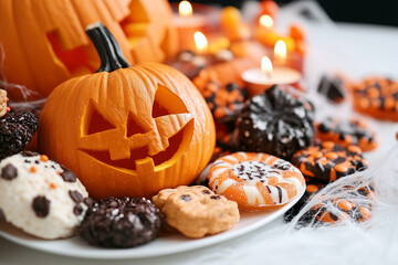 citrouille d'halloween et friandises, gourmandise, décoration halloween automne, bougie cookies et bonbons