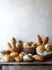 A delightful array of freshly baked bread is beautifully displayed in baskets, evoking the warmth and comfort of homemade baking.