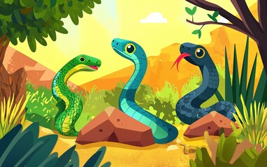 Obraz premium Three colorful cartoon snakes basking in the warm sunlight of a vibrant desert landscape surrounded by lush greenery