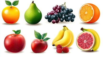 A collection of nine fruits, including an orange, pear, grapes, an orange slice, an apple, a banana, and a watermelon slice, isolated on a white background.