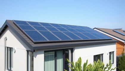 Fototapeta premium Modern home with solar panels on the roof.