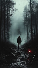 Fototapeta premium A lone figure stands in a misty forest, shrouded in darkness.