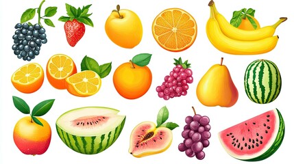 A collection of various fruits with different colors and shapes, isolated on a white background.