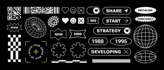Retro Futuristic stickers for business. Concept Elements. Brutalist style. Strategy, call to action. Minimalism aesthetic for web page, poster, brochure. Bar code, simple shapes, buttons,3d wireframe 