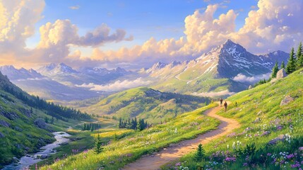 Obraz premium Peaceful pastel toned mountainscape with a winding path leading through a serene valley dotted with rolling hills wildflowers and a tranquil stream