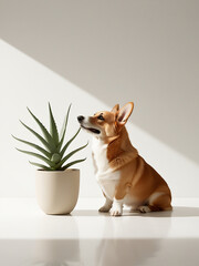 Corgi sitting on the floor with an aloe flower