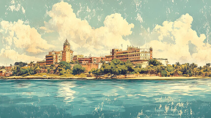 Fototapeta premium Mombasa, Kenya, color pen pencil hand-drawn effect drawing illustration for travel poster, card, wallpaper, backdrop or banner. Modern, clear, artistic and simple