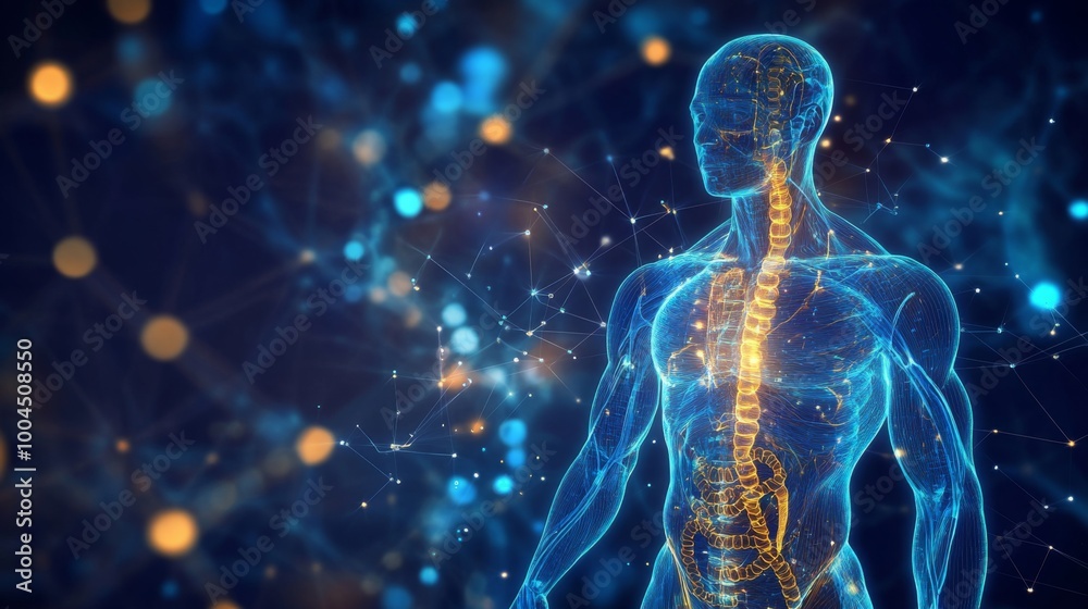 Fototapete a digital rendering of a human body with a glowing skeletal structure and internal organs, set again