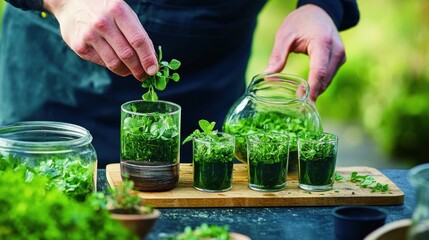Herbalist Preparing Fresh Tincture in Glass Containers