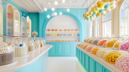Fototapeta premium Brightly colored candy store interior with a variety of sweets on display during daytime showcasing vibrant decor and inviting atmosphere