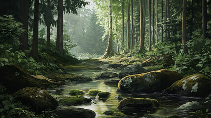 Fototapeta premium A quiet forest stream with rocks and moss-covered banks. 