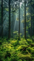 Obraz premium Sunlight illuminates dense pine forest with serene atmosphere.