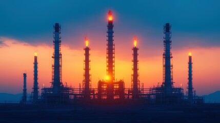 Obraz premium Sunset Over Industrial Oil Refinery Landscape