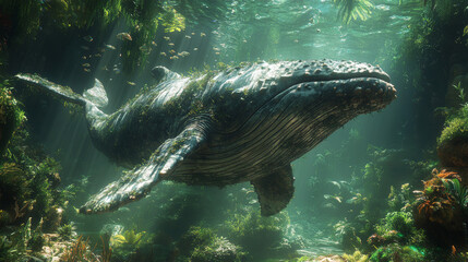 A whale swims through a lush underwater forest.
