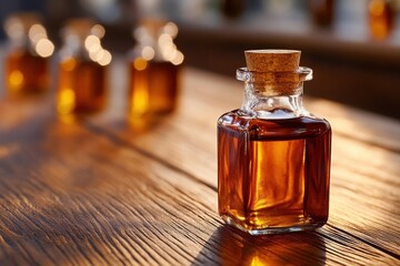Dark Herbal Extract in Glass Bottle on Wooden Table