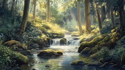  A quiet forest stream with rocks and moss-covered banks. 