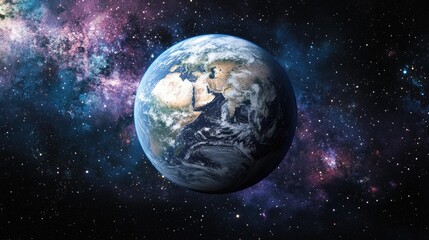Fototapeta premium A detailed image of planet Earth seen from space with a vibrant nebula in the background.