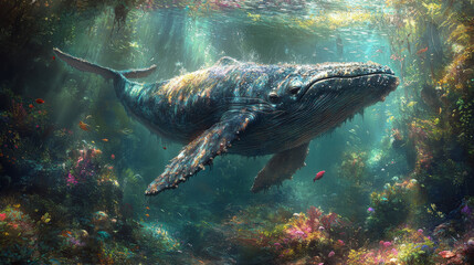 A whale swims through a vibrant underwater world, with colorful coral reefs and fish.