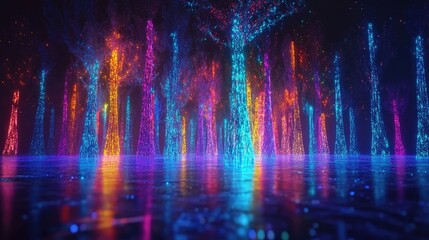 A digital forest of glowing, colorful trees on a reflective surface.