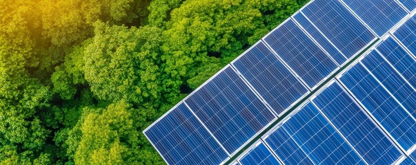 Green technology intertwined with nature, solar panels on a forest edge, a symbol of innovation in sustainability and biodiversity protection