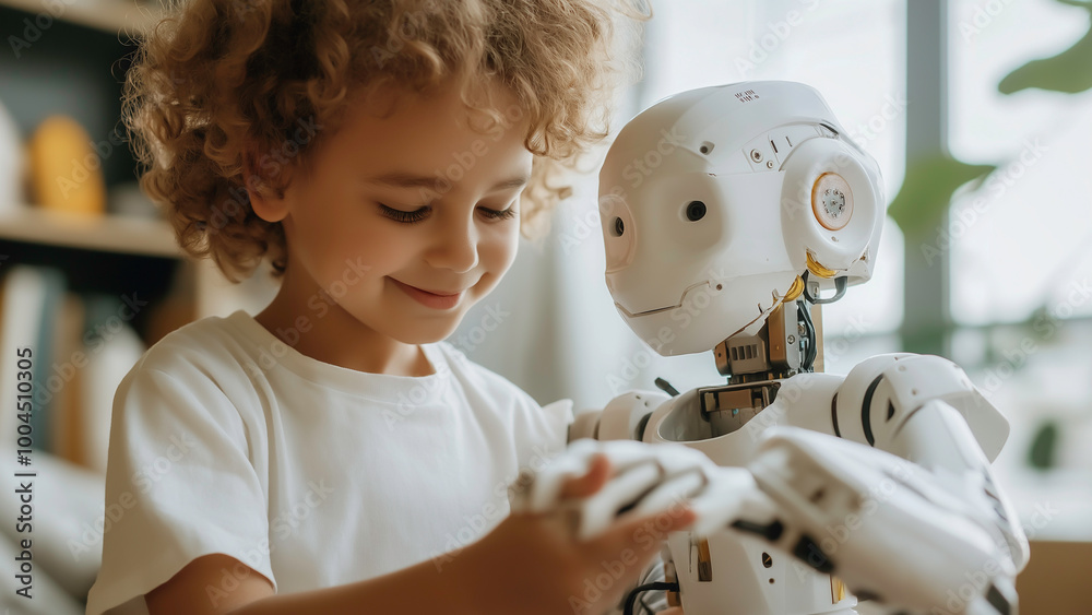 Wall mural a child smiling and playing happily with robot with trust from an ai-powered robotic, harmonious con