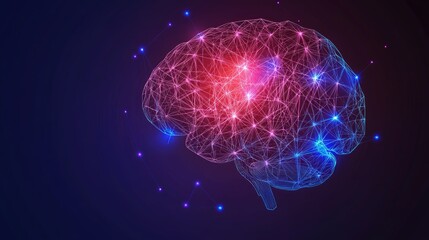 A digital illustration of the human brain represented as a network of glowing lines and nodes.