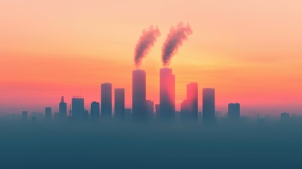 Fototapeta premium Urban Skyline at Sunset with Smoke Emission
