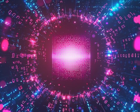 Futuristic digital countdown clock card with a blank screen in the center for messages, surrounded by neon lights and binary code patterns