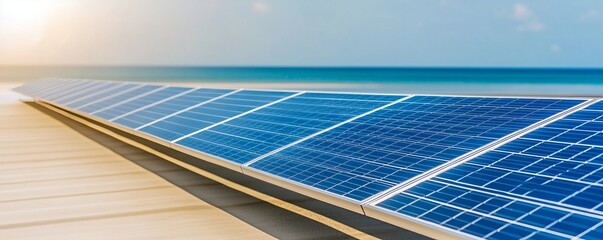 Solar-powered desalination plant near a thriving coastal ecosystem, representing sustainable solutions for water and biodiversity