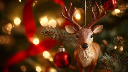 A Reindeer Ornament Hanging on a Christmas Tree
