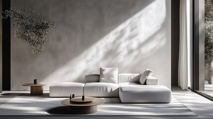 A minimalist living room with a neutral textured accent wall, featuring a sleek gray sofa and a simple coffee table. The room is bathed in natural light, with minimal decor and soft shadows